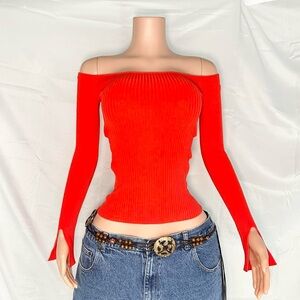 Off-Shoulder Red Ribbed Top